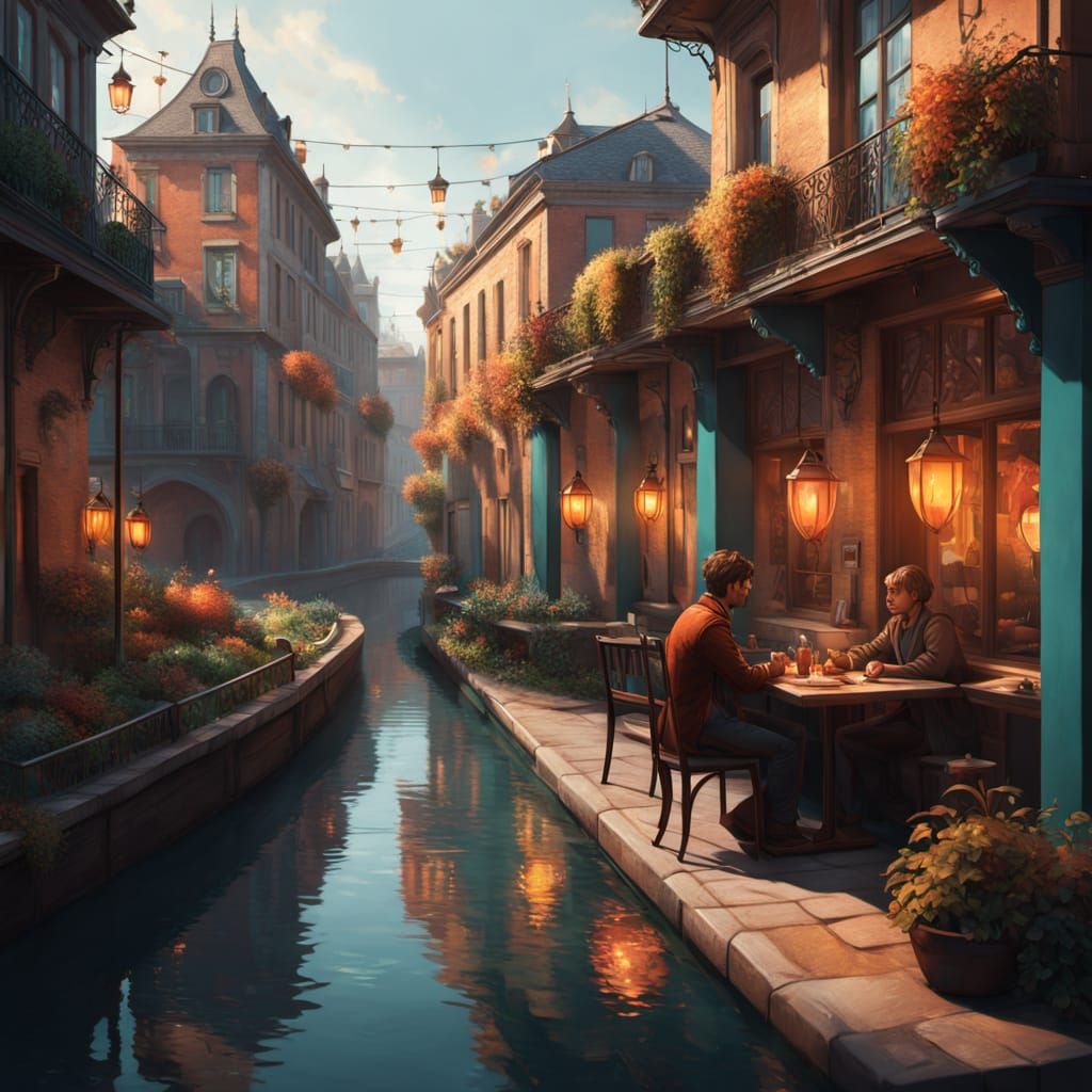 Serene Canal Café Evening in Art Nouveau Style
