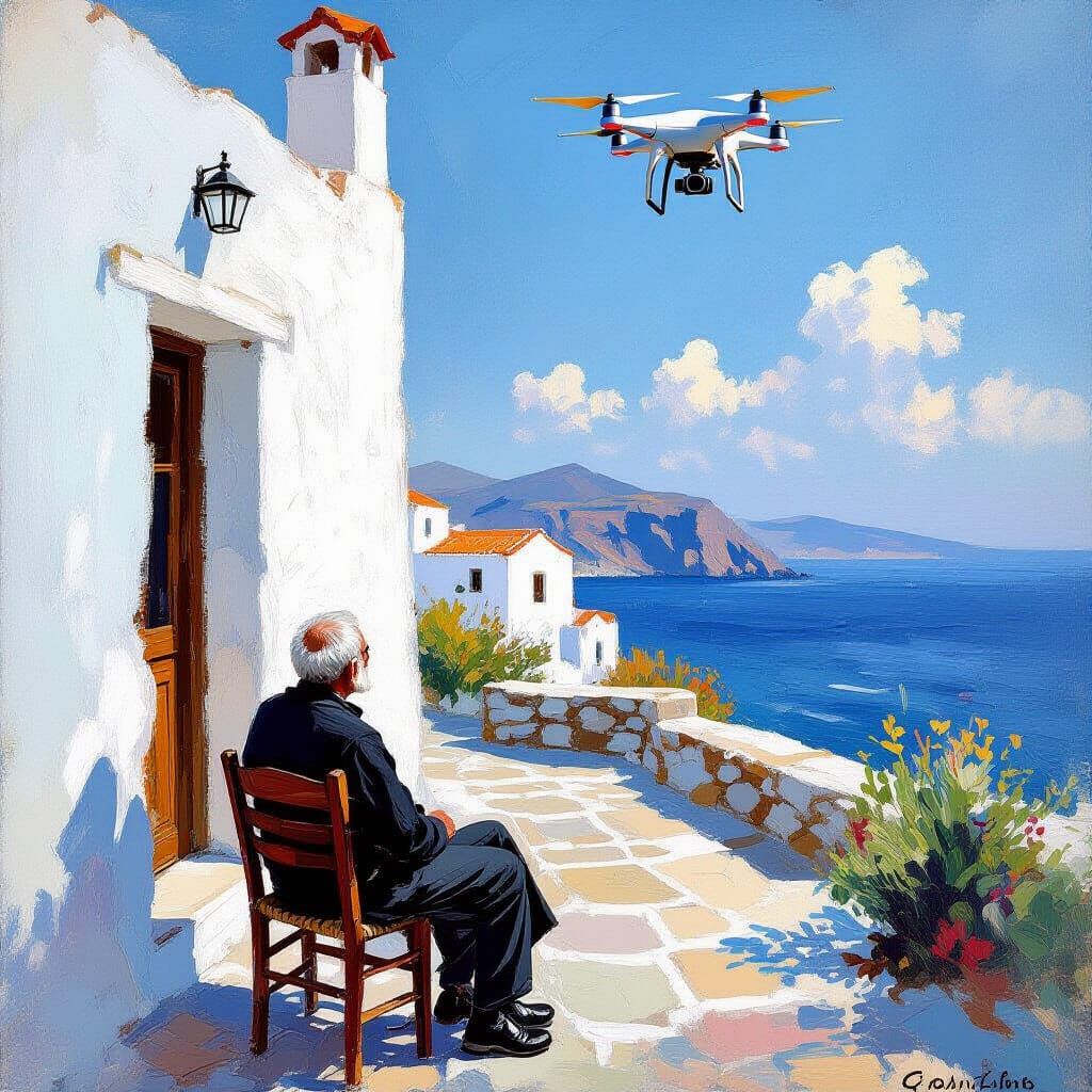 Monet Style Painting of Man Watching Drone on Greek Island