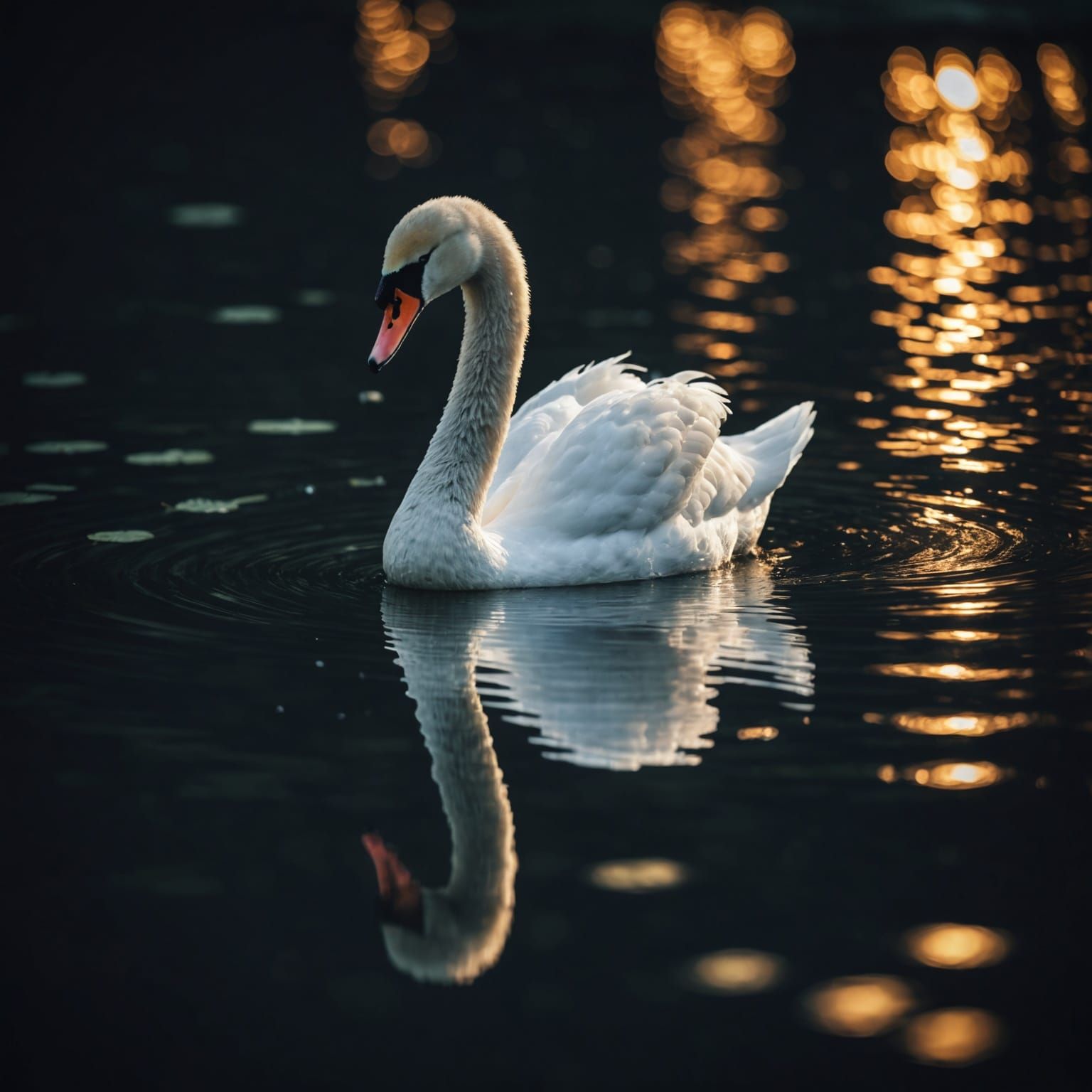 Adorable Swan on Lake at Night