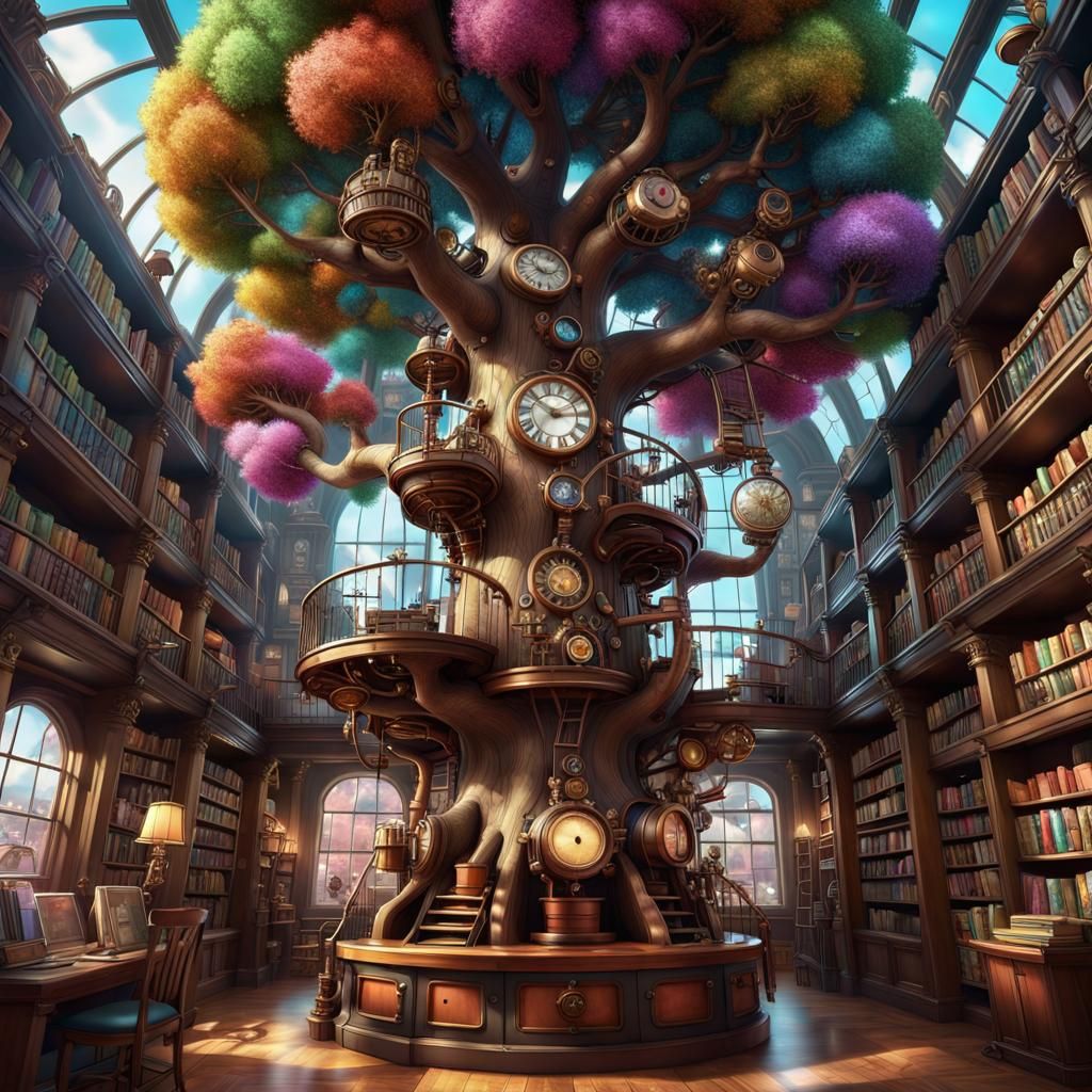 Candy World Tree in Steampunk Library: Digital Art