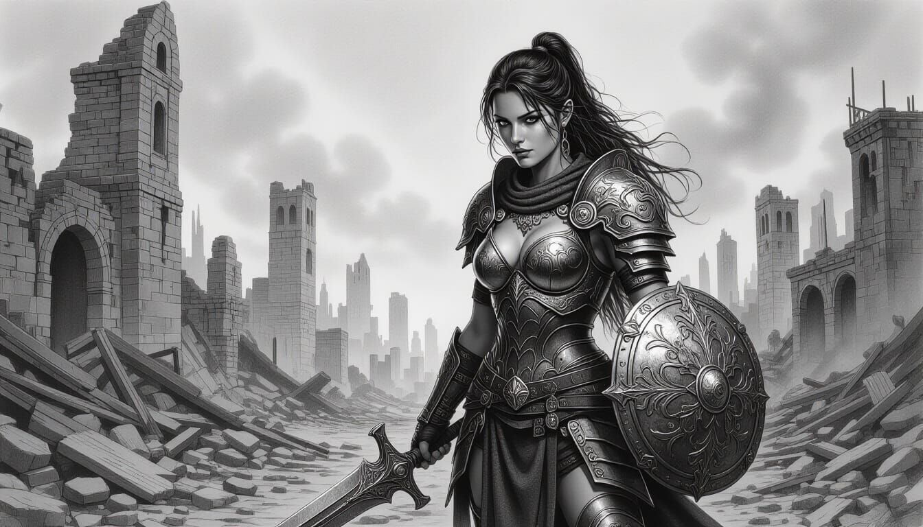 Warrior Loses Armor in Ruined City