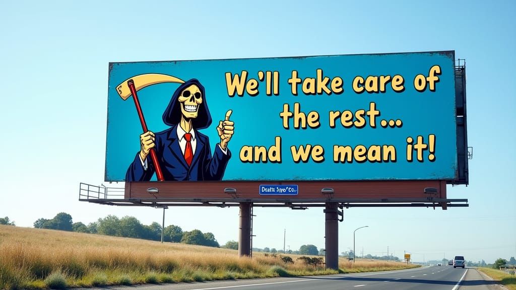A funny roadside billboard about funeral sevices by the death syphe company