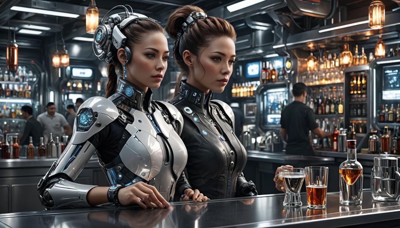 Futuristic Cyborg Bartender in Hyperrealistic Style