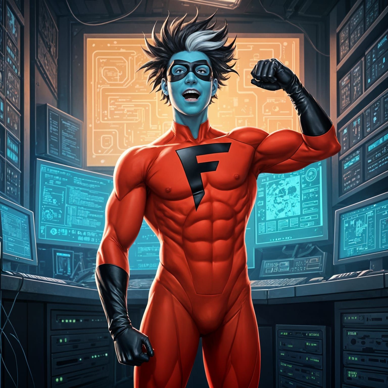 Vibrant Superhero in Hyperrealistic High-Tech Lair