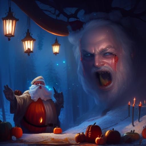 Santa Prepares Halloween Decorations: Fantasy Art