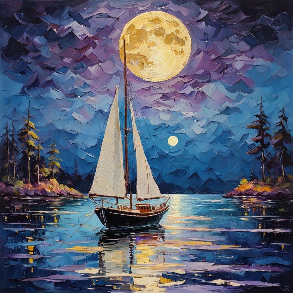 Vintage Sailboat at Midnight: Impressionist Gouache Painting