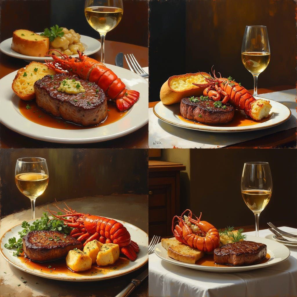 Steak and Lobster Still Life as Oil Painting