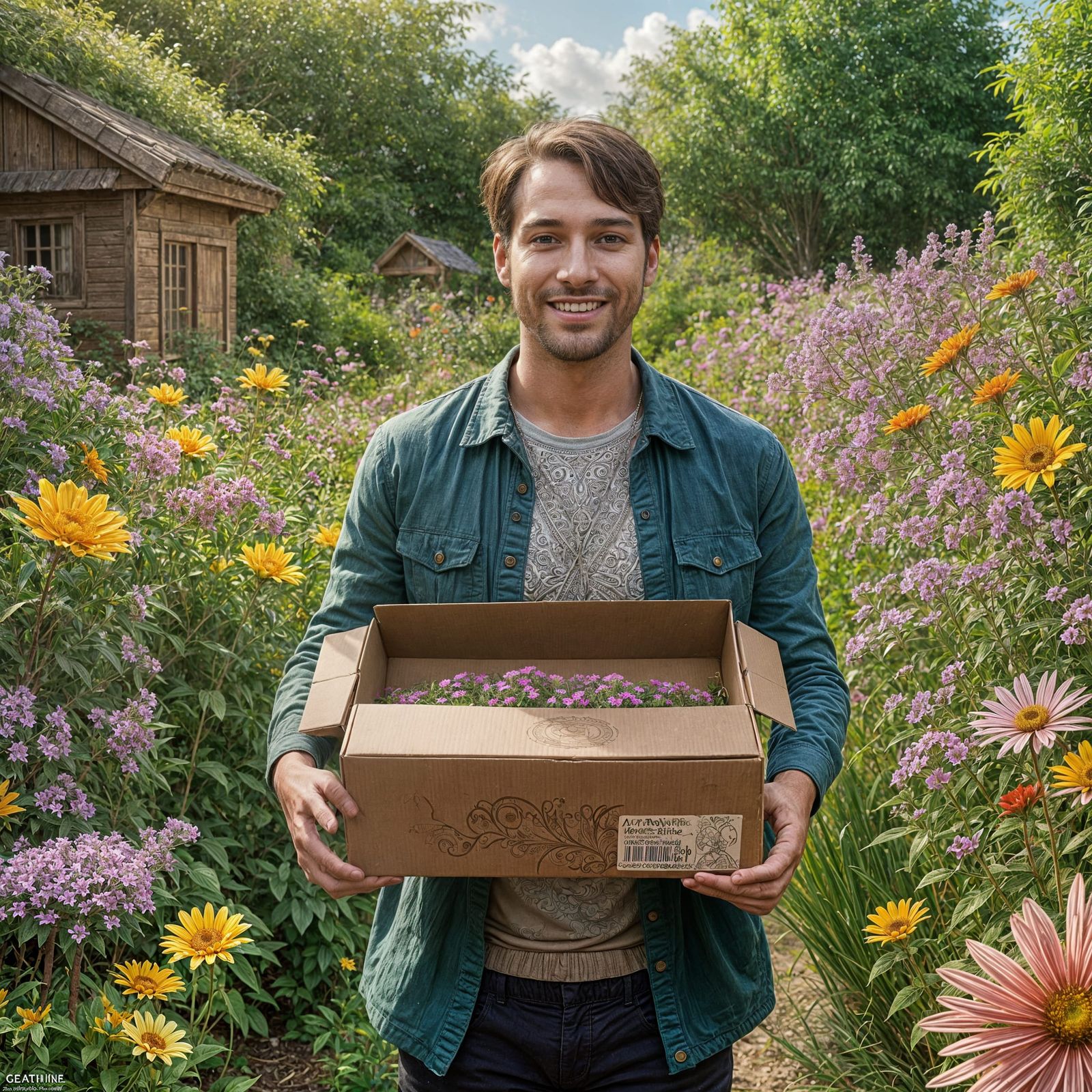 Cardboard Head Man in Lush Garden: Fantasy Concept Art