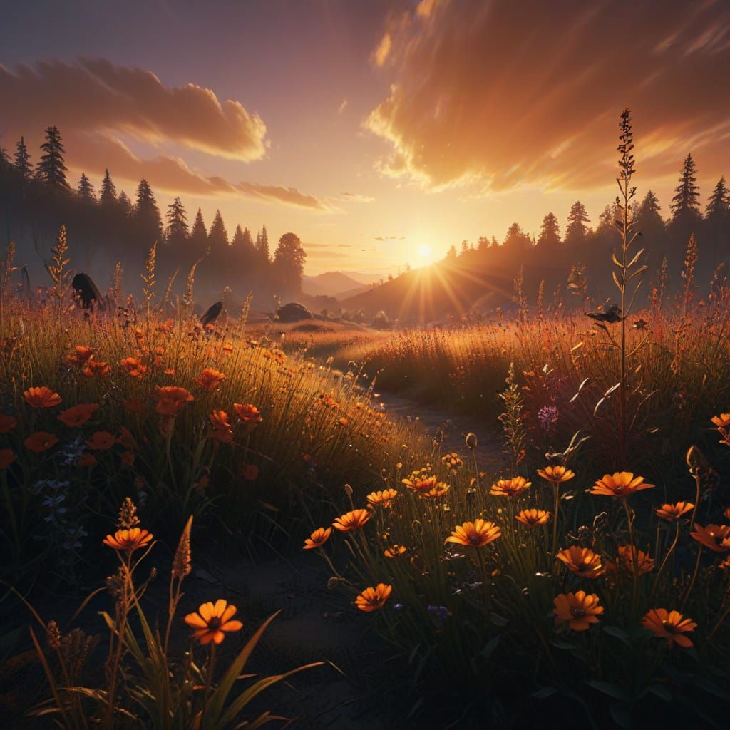 Vibrant Sunset Wildflowers in a Dramatic Oil Painting Style