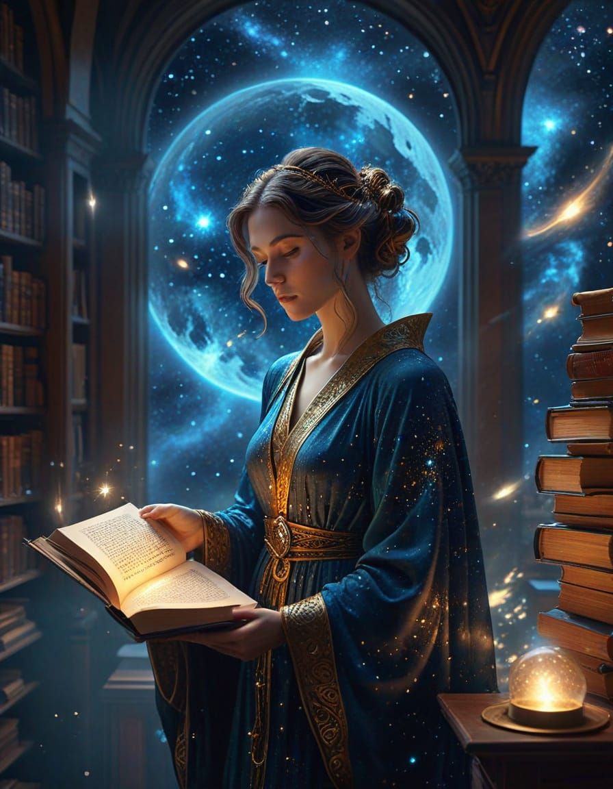 Celestial Librarian in Star Library, Art Nouveau Style