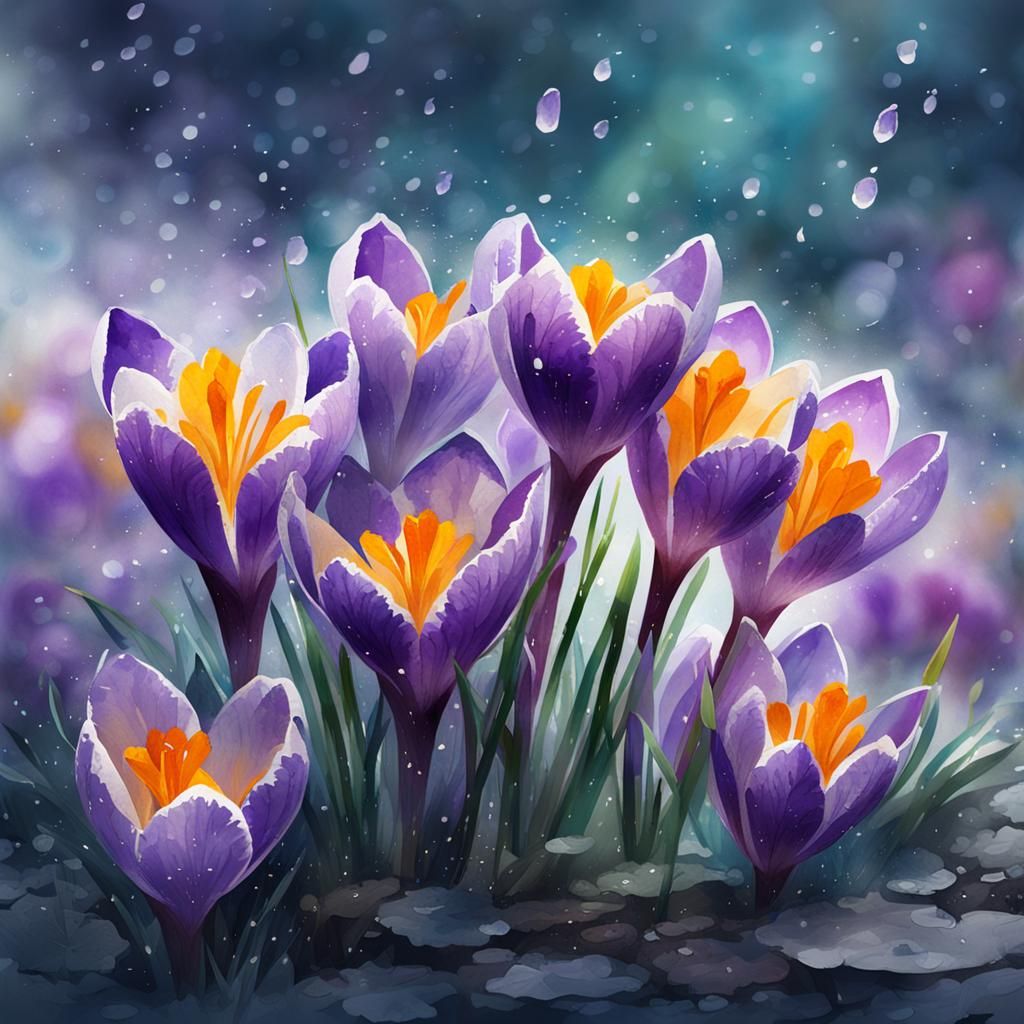 Crocuses in Dew: Minimalist Watercolor Painting
