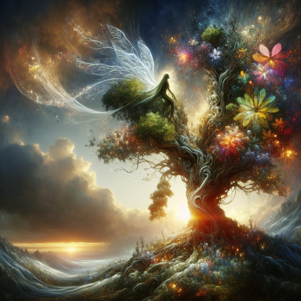 A conceptual image capturing the essence of resilience and personal growth. In the center, a unique tree with gnarled ba...