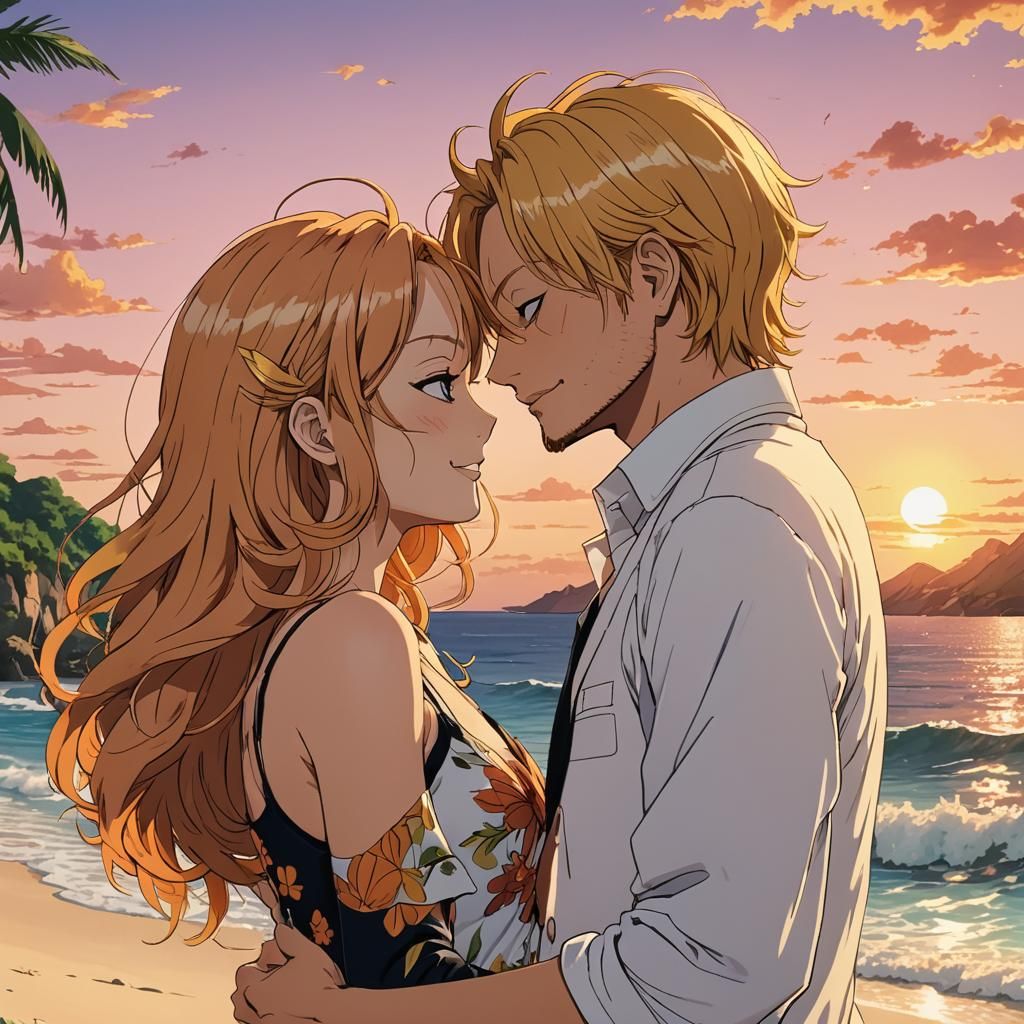 Romantic Anime Kiss on Tropical Island