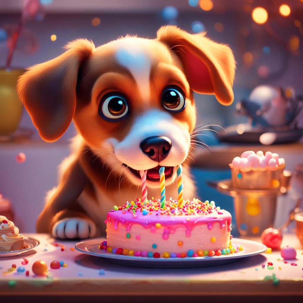 Puppy Eating Cake in Pixar Style