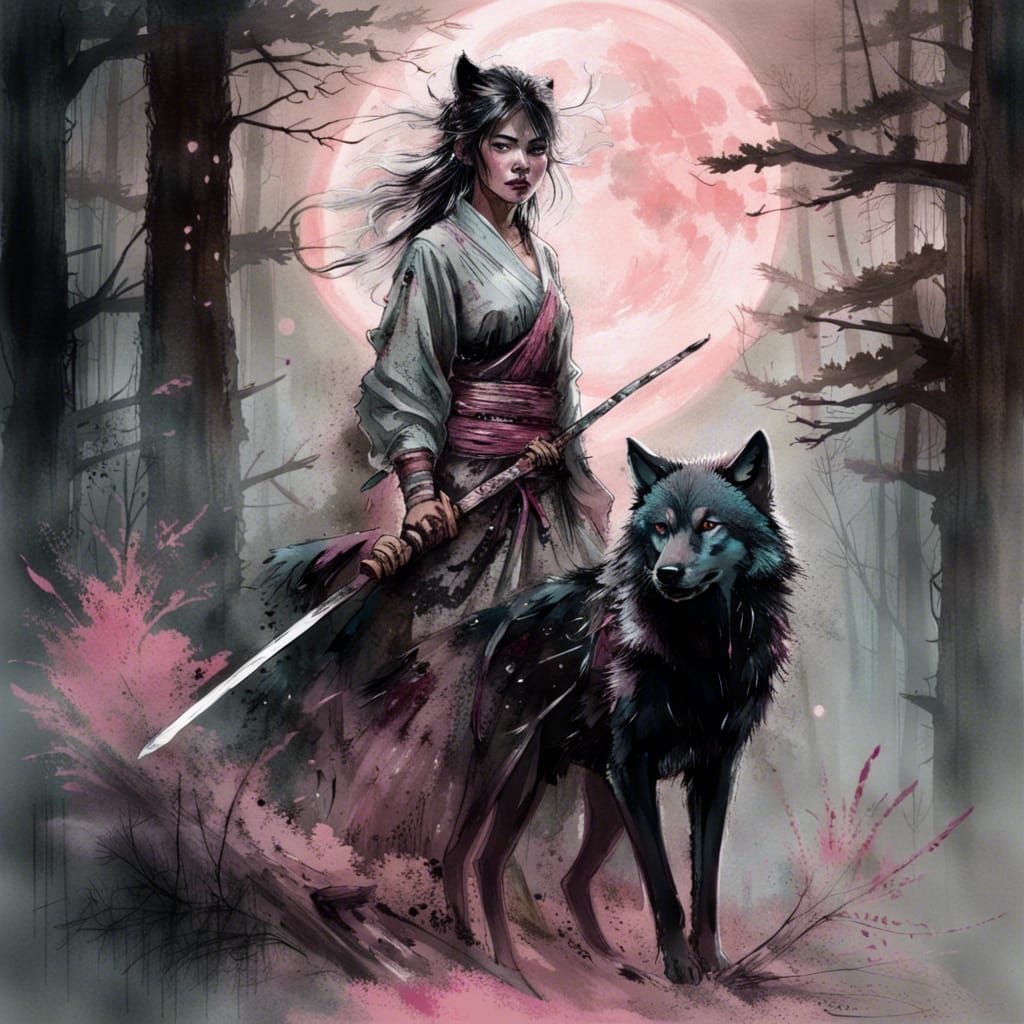 The warrior and her big black wolf