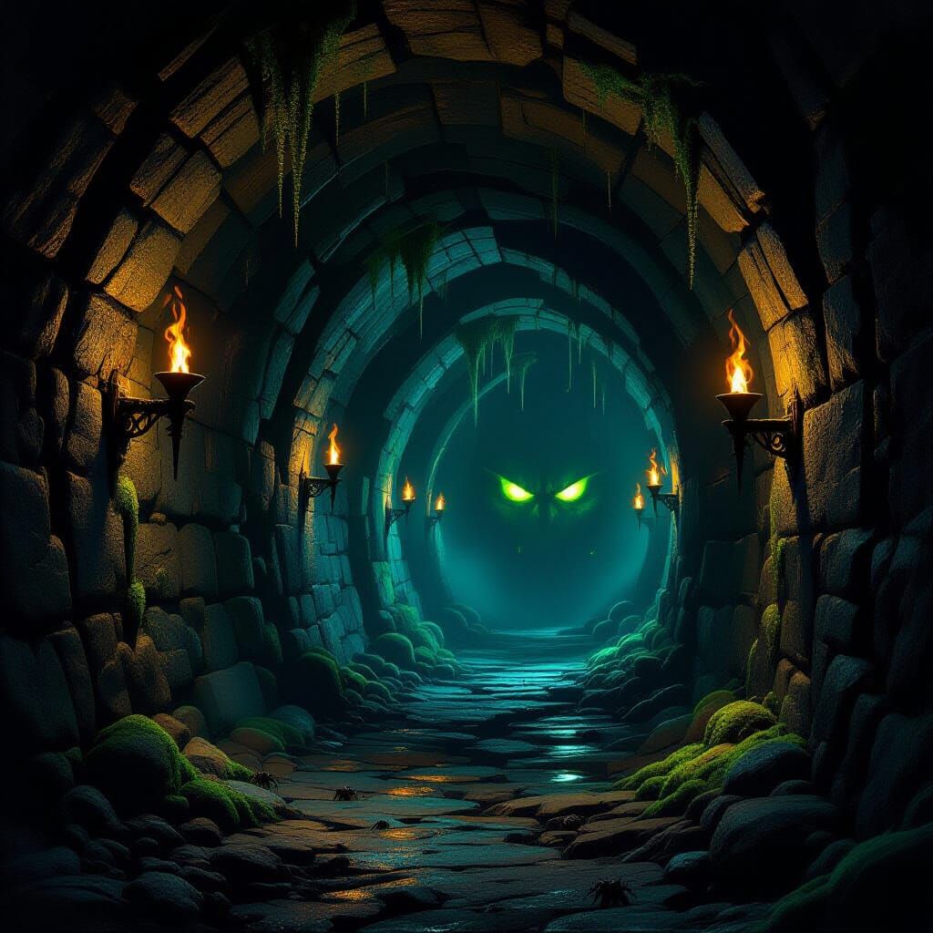 Dark Fantasy Mine Hallway with Glowing Eyes