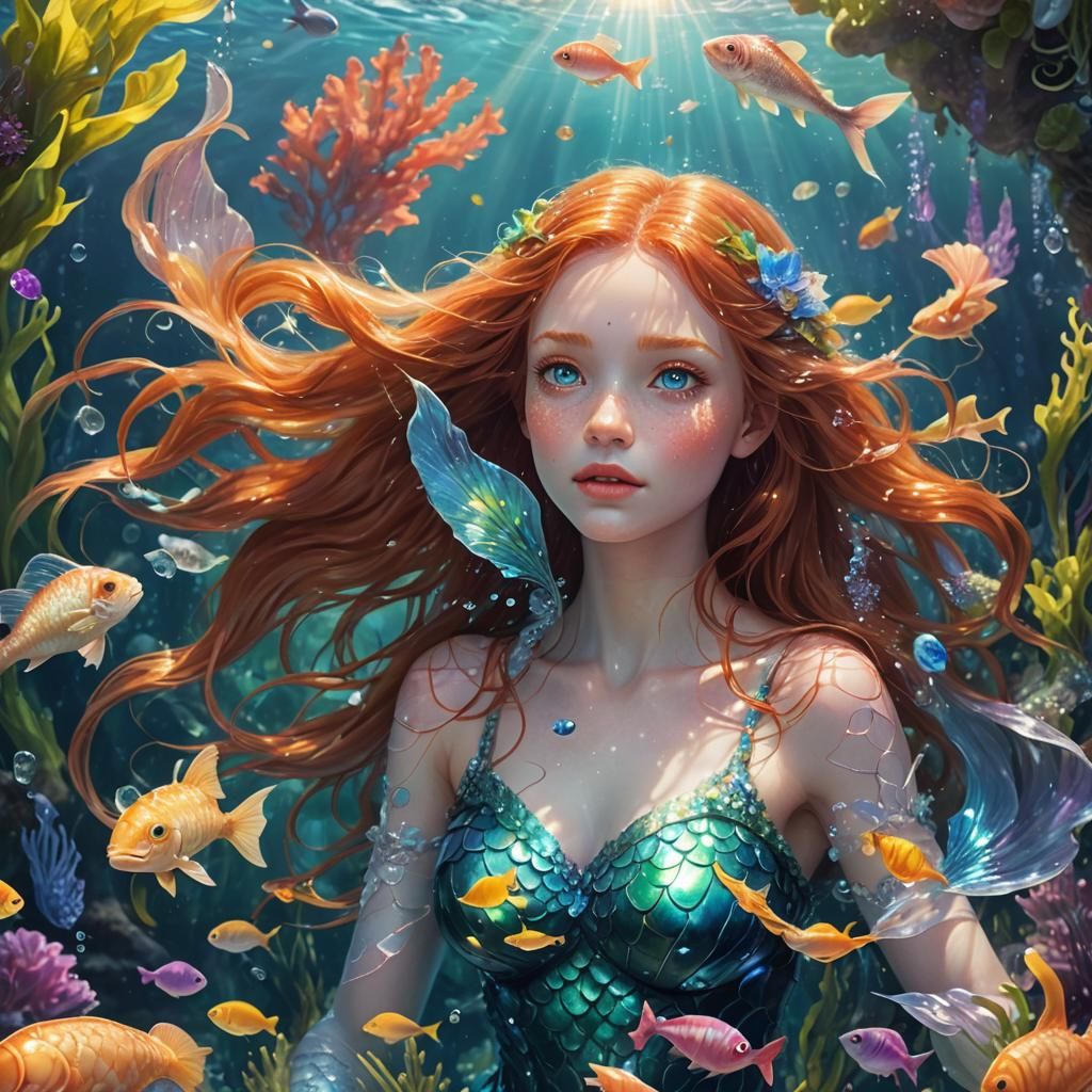 Ginger Mermaid Emerging from Iridescent Ocean Realm