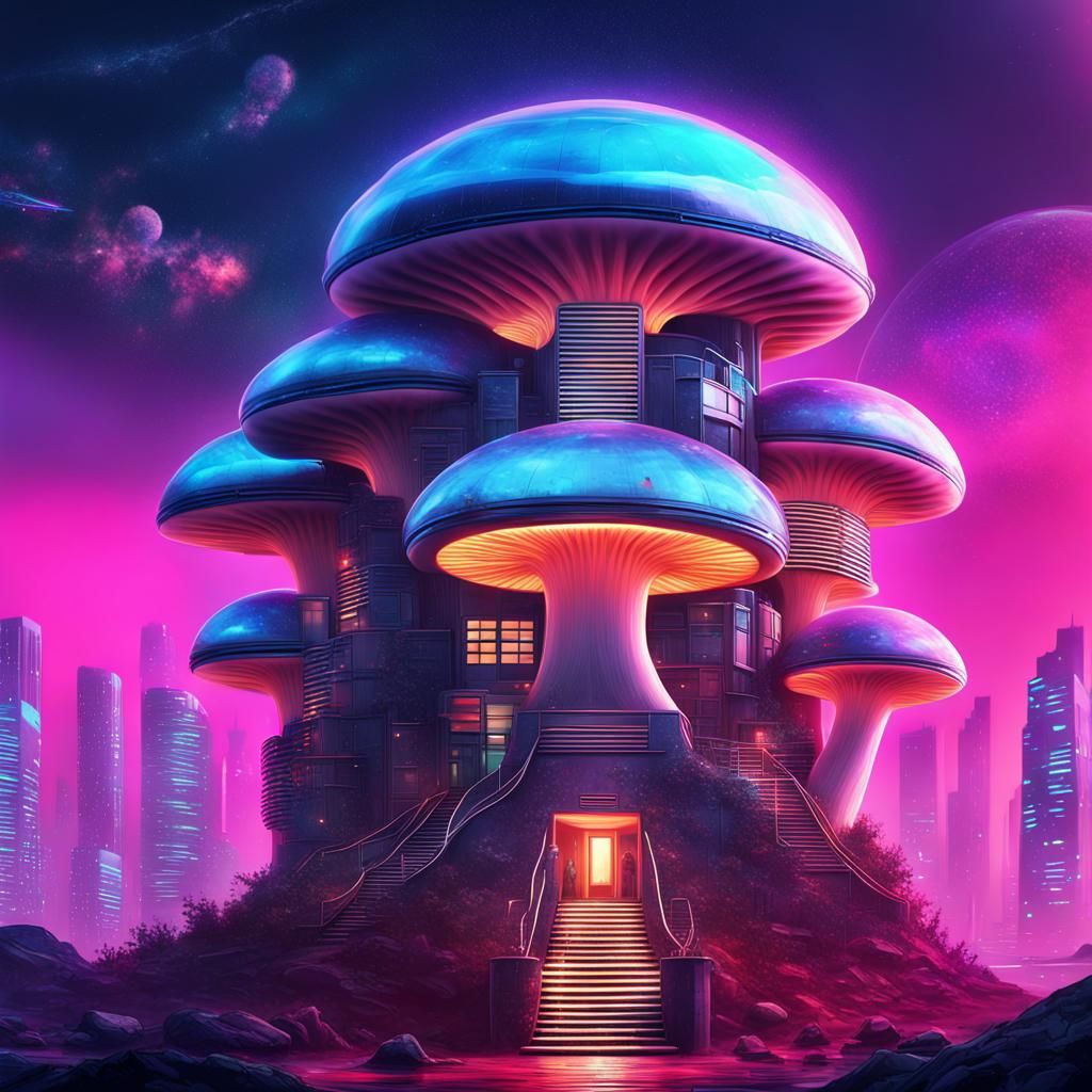 Futuristic Mushroom Home with Galaxy Landscape in Cyberpunk ...