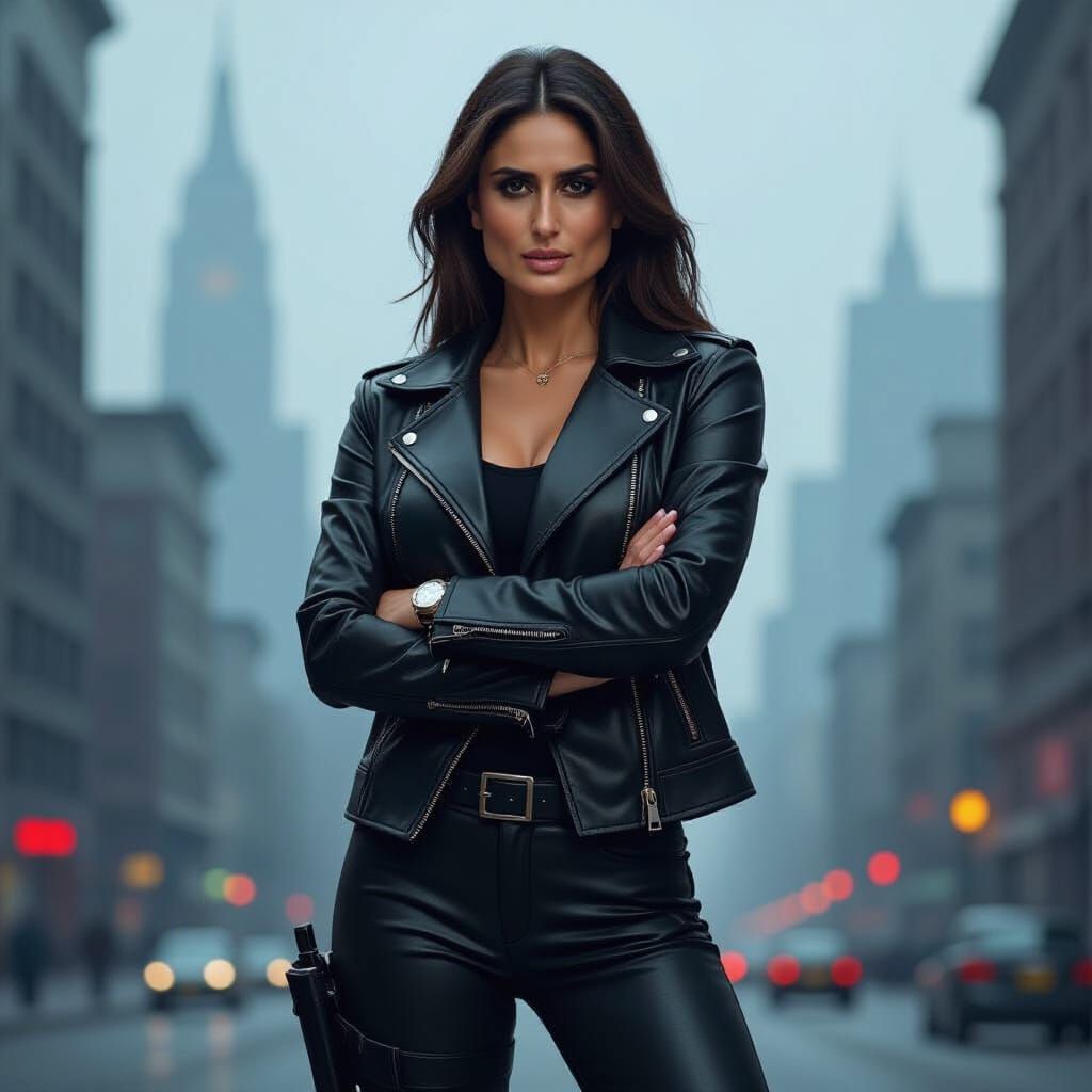 Kareena Kapoor as Cyberpunk Supervillain in Cityscape
