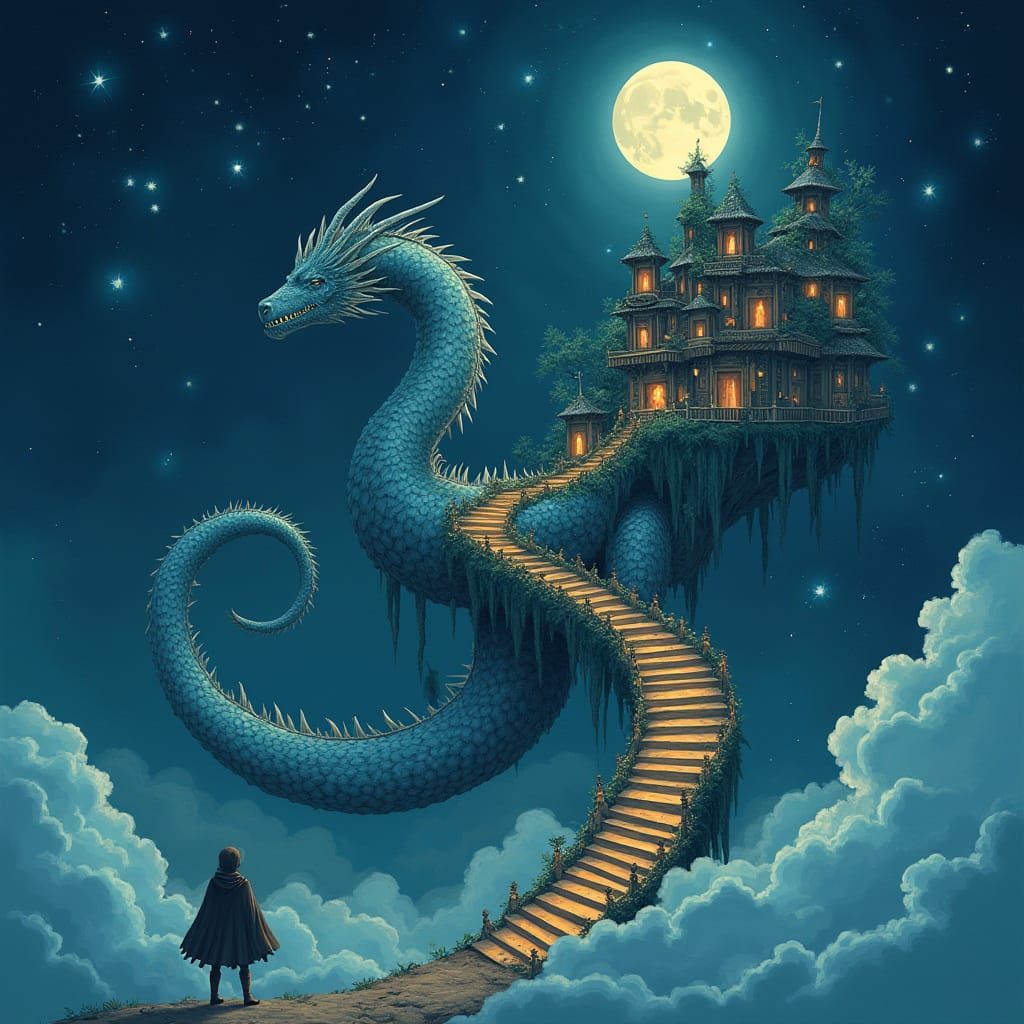 Celestial Library Atop Dragon in Whimsical Style