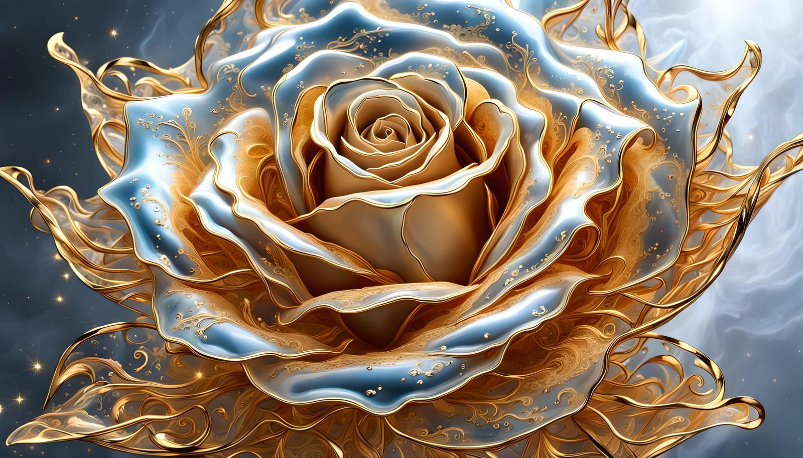 Translucent Ice Rose with Gold Fractal Trim