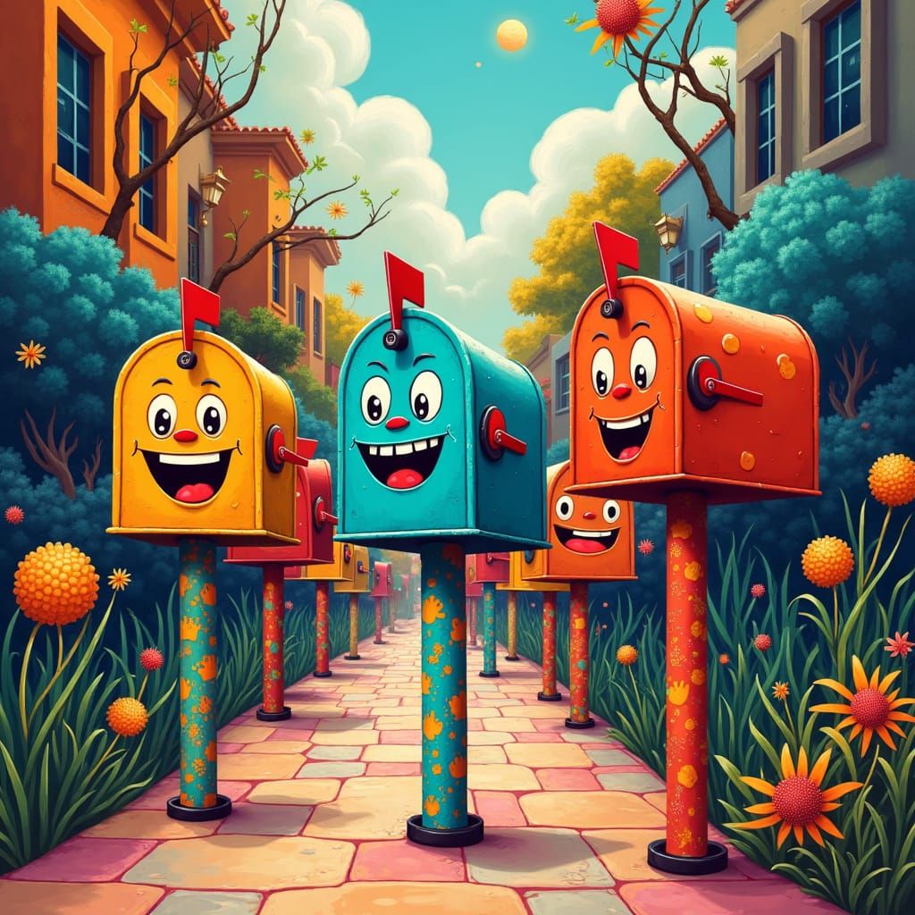 Laughing Mailboxes Stroll Down Whimsical Street
