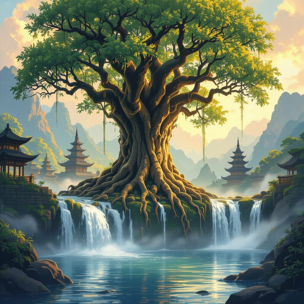 Banyan Tree and Waterfall in Japanese Art Style