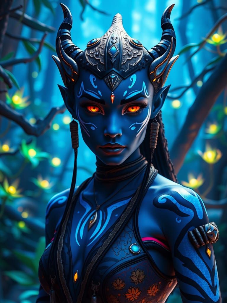 A Navi woman with iridescent, glimmering blue skin, adorned in intricately woven, organic attire crafted from natural fi...