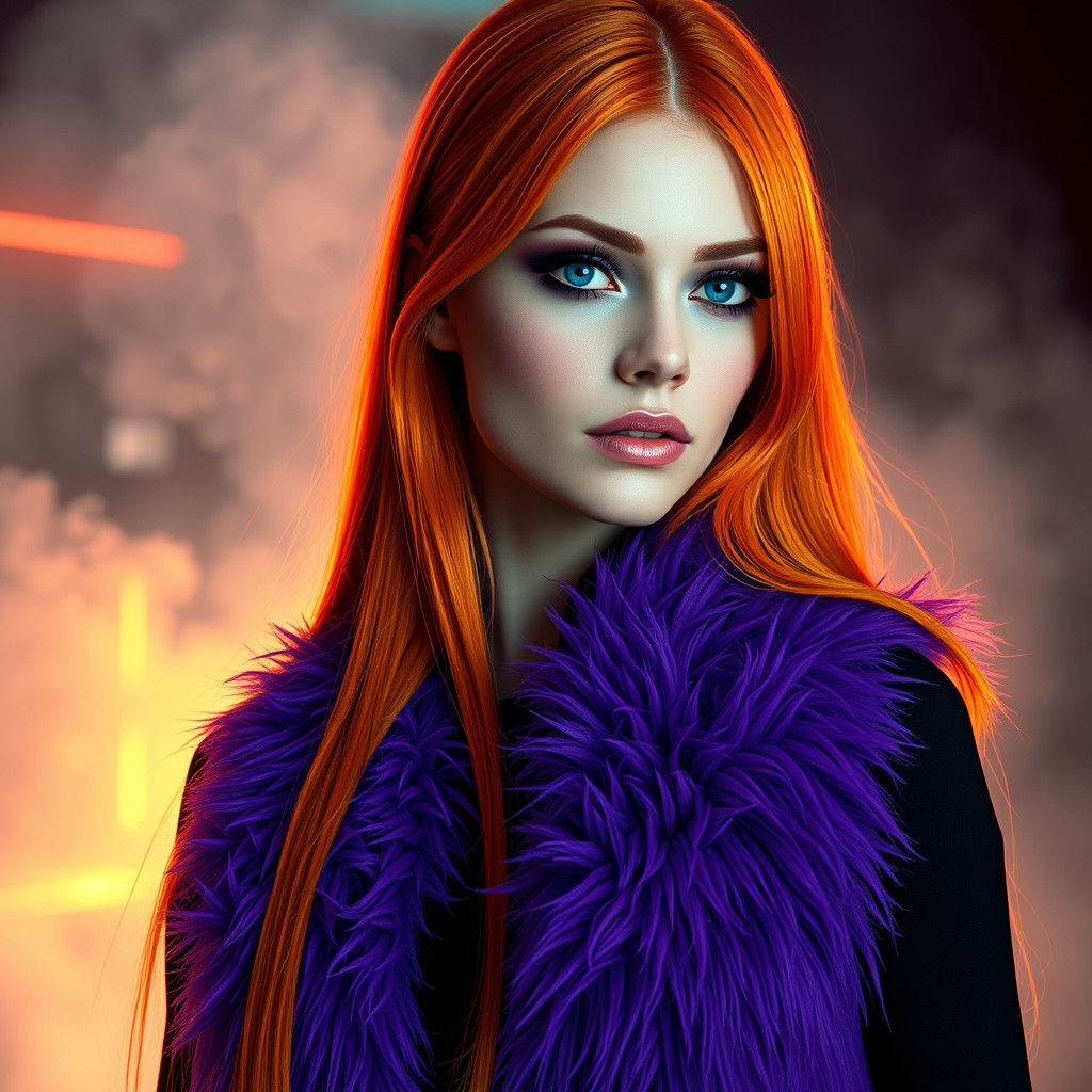 Woman with Orange Hair in Dreamlike Neon Setting