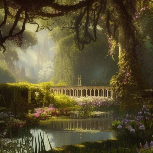 Victorian Water Garden: Gothic Oil Painting in Sunlight