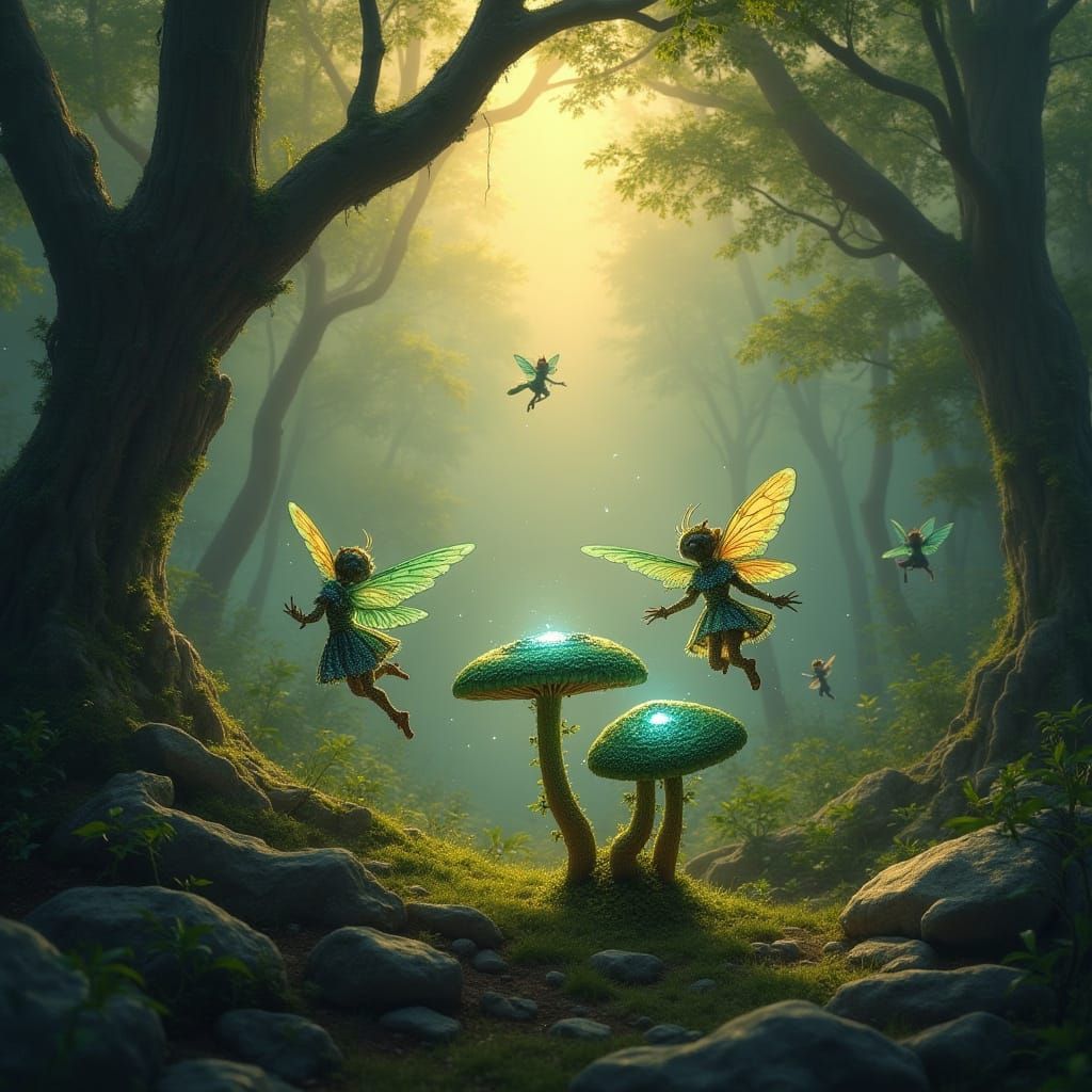 Enchanted Pixies Dance Among Glowing Mushrooms in Ancient Fo...