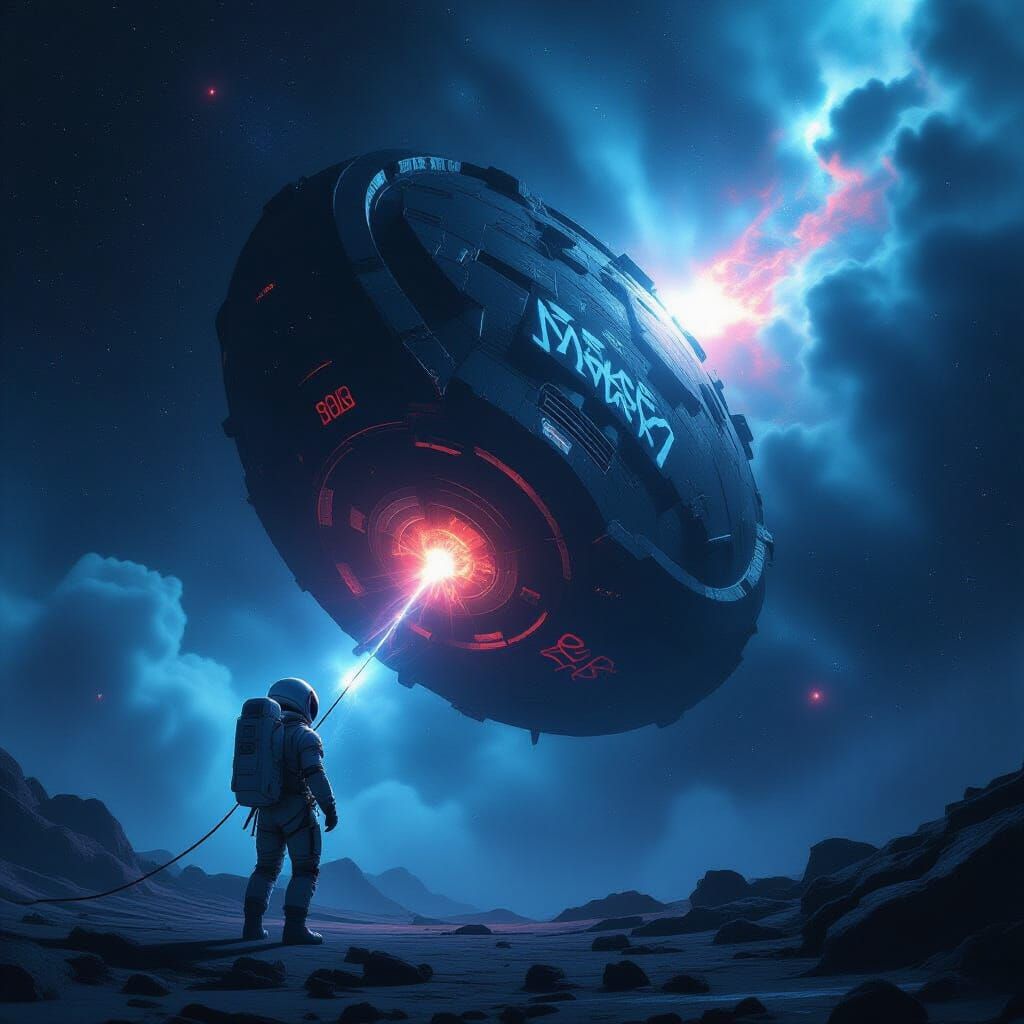 Astronaut Tethered to Cosmic Energy Alien Artifact in Deep S...