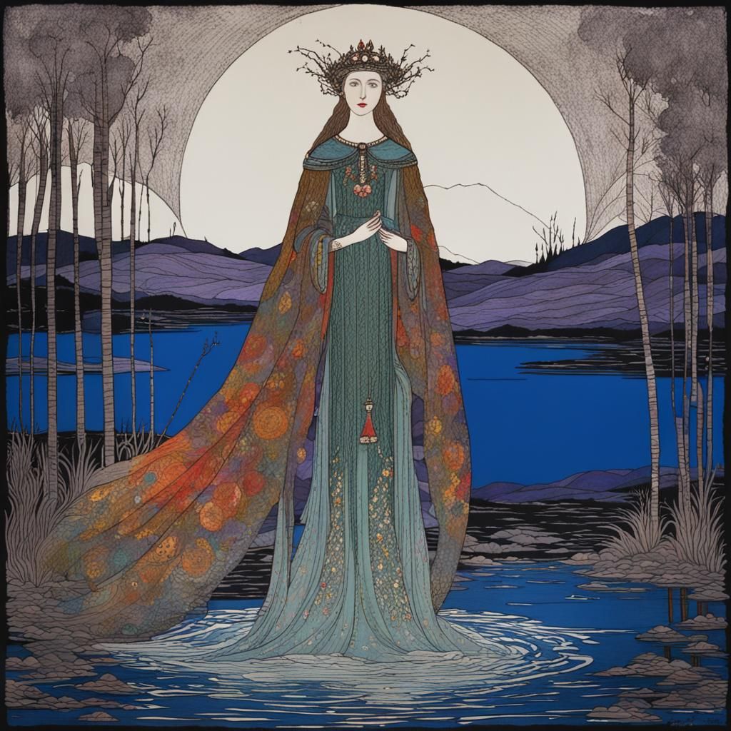Mystical Lady of the Lake in Stained Glass Style