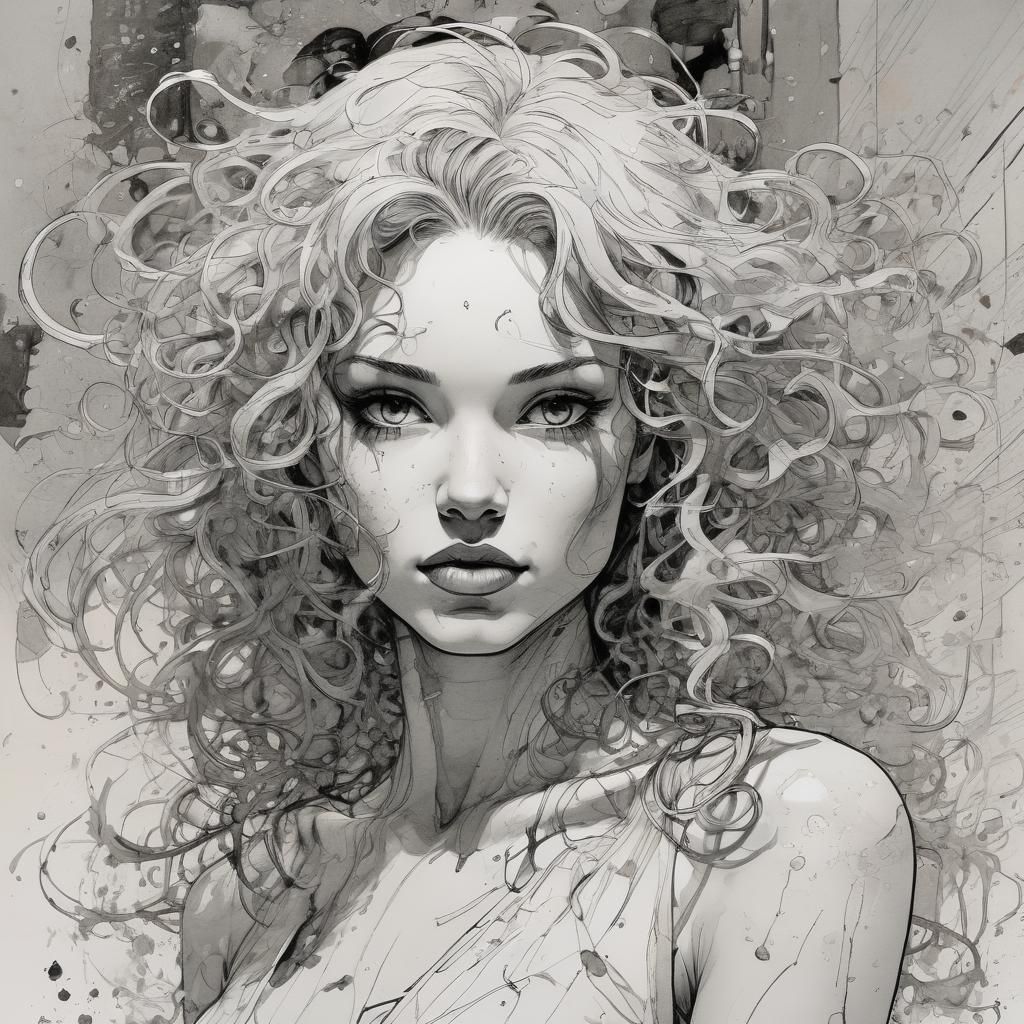 Dynamic Ink Sketch of a Curly-Haired Woman
