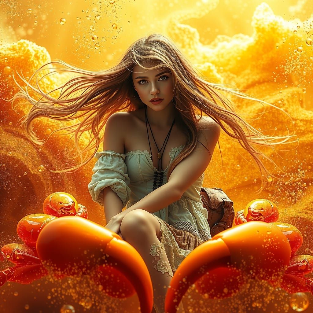 Woman on Gummy Crab in Fizzy Sea, Neon Futurism