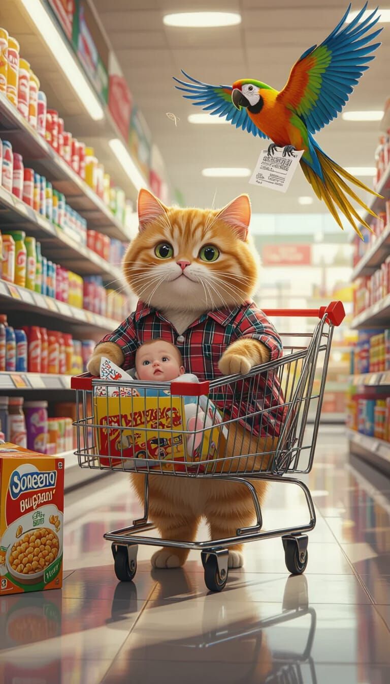 Orange Cat Pushing Shopping Cart in Supermarket