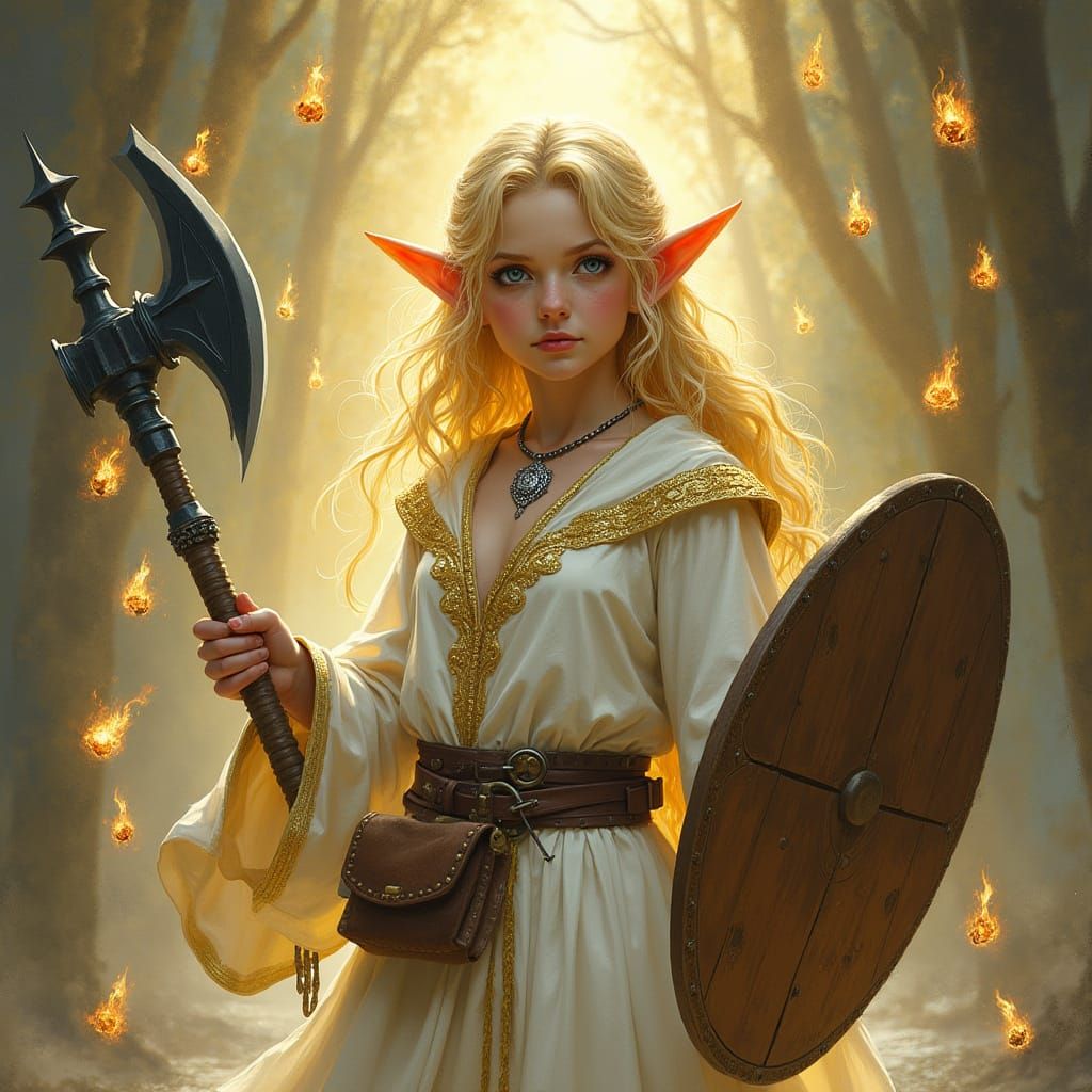 Blonde Elf Warrior with Mace in Fantasy Art Style