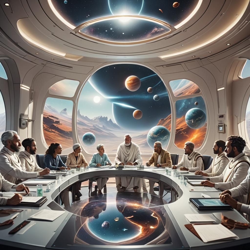 Exoplanet Conference with Aliens in White Togas