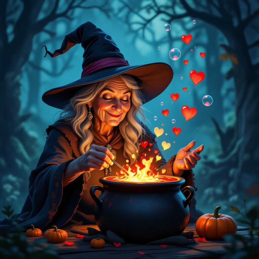 Witch Brews Love Potion with Hearts and Bubbles