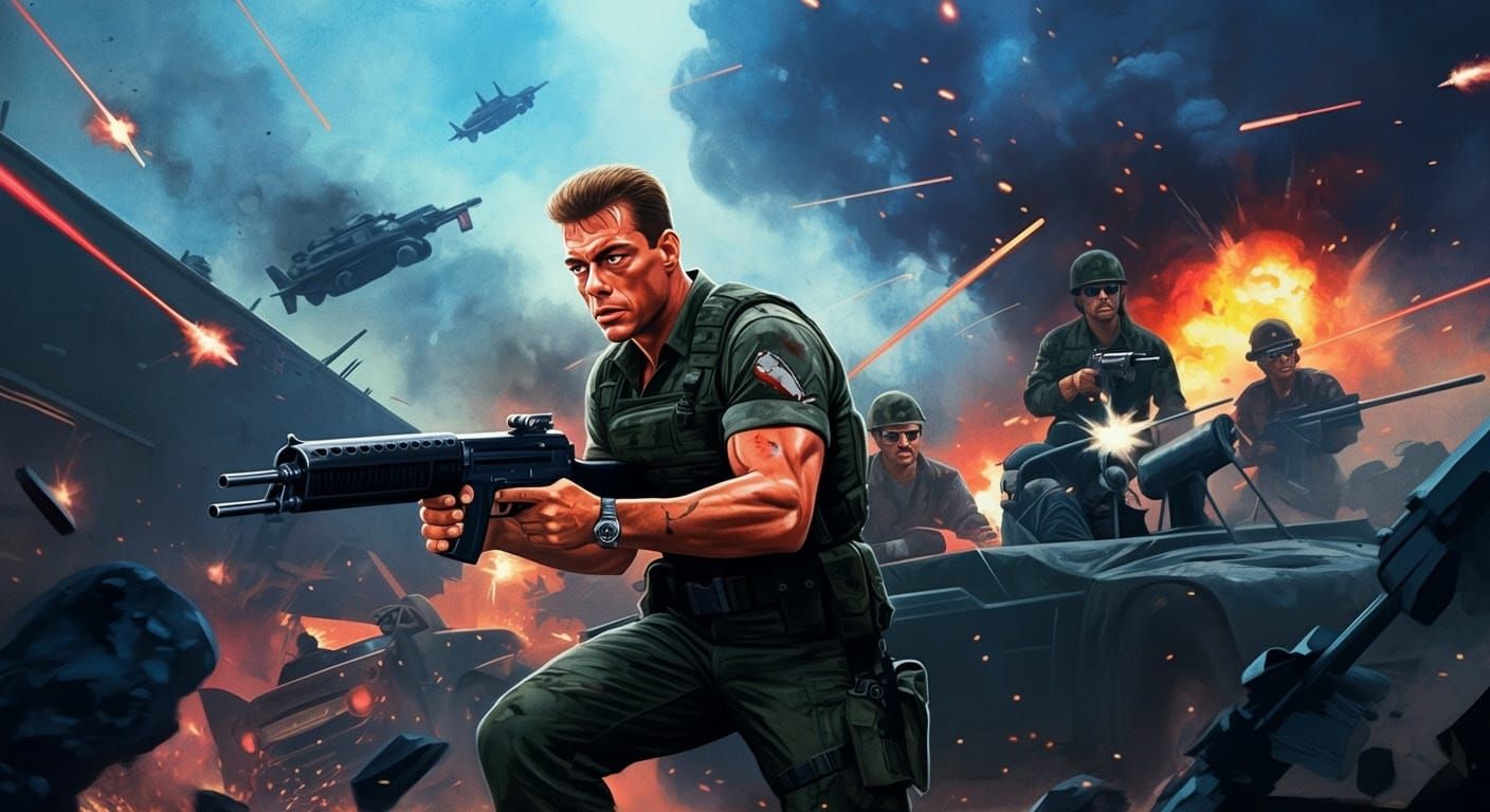 Jean-Claude Van Damme as the Universal Soldier Luke Deveraux fighting in a warzone