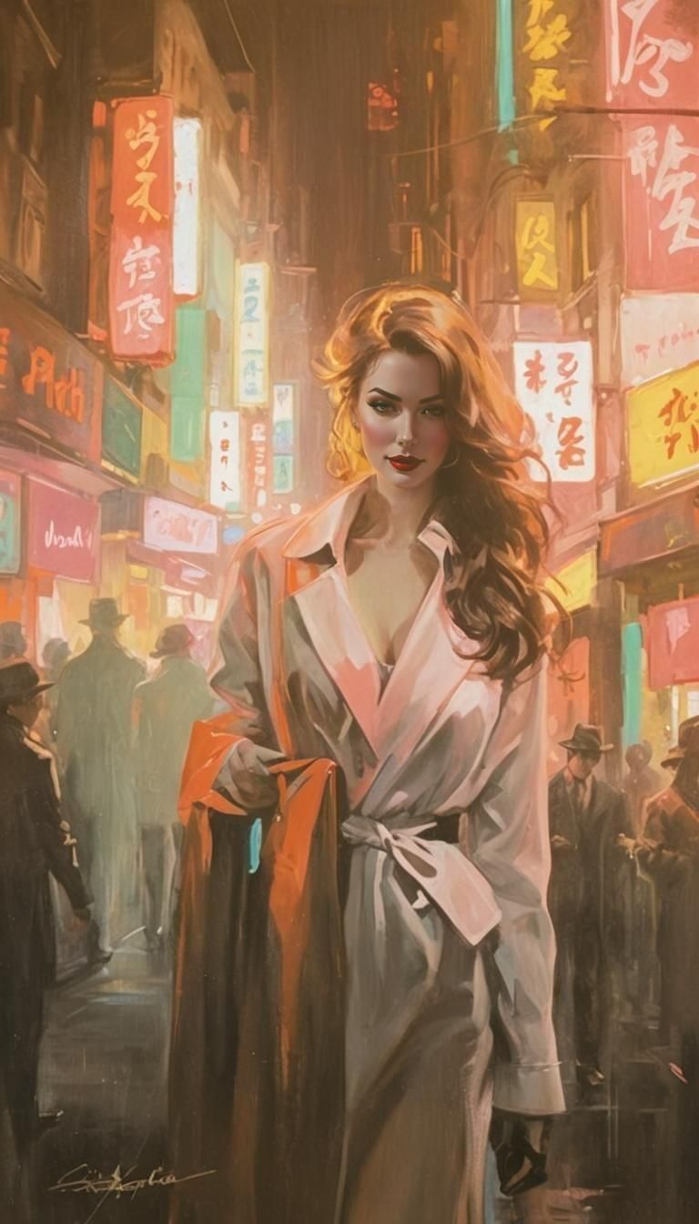 Noir Painting of Femme Fatale in Neon City