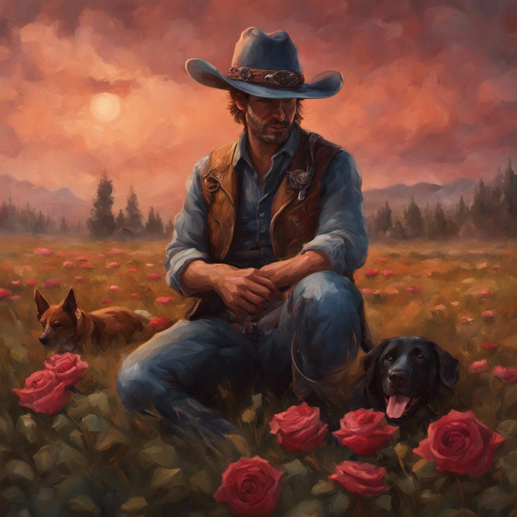 Cowboy with Rose and Dog in Oil Painting