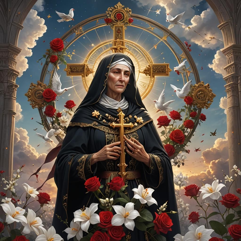 St Rita of Cascia with Roses in Radiant Sky