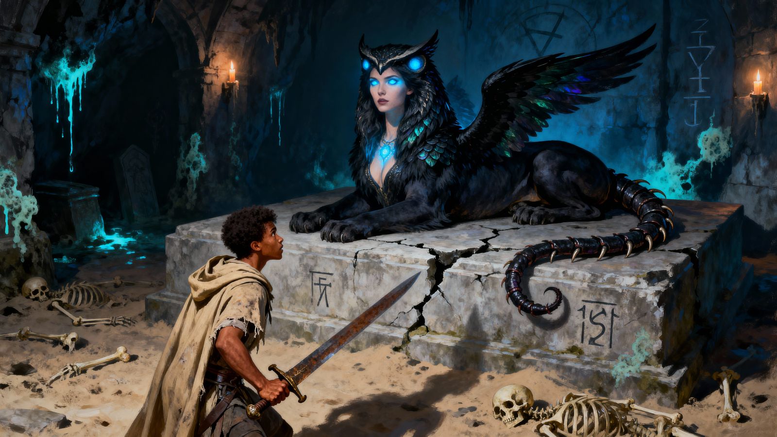 Dark Fantasy Sphinx Oil Painting with Warrior