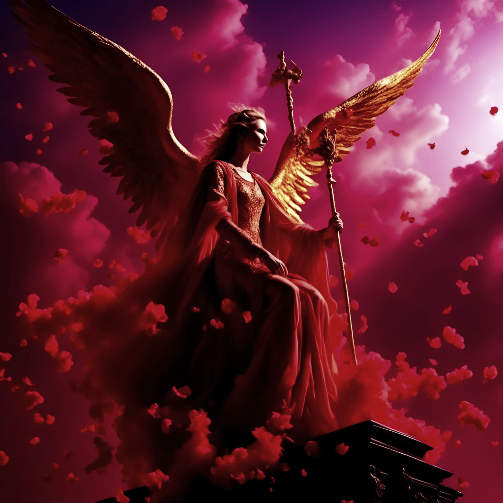 Red Angel Resting on Clouds in Golden Hour