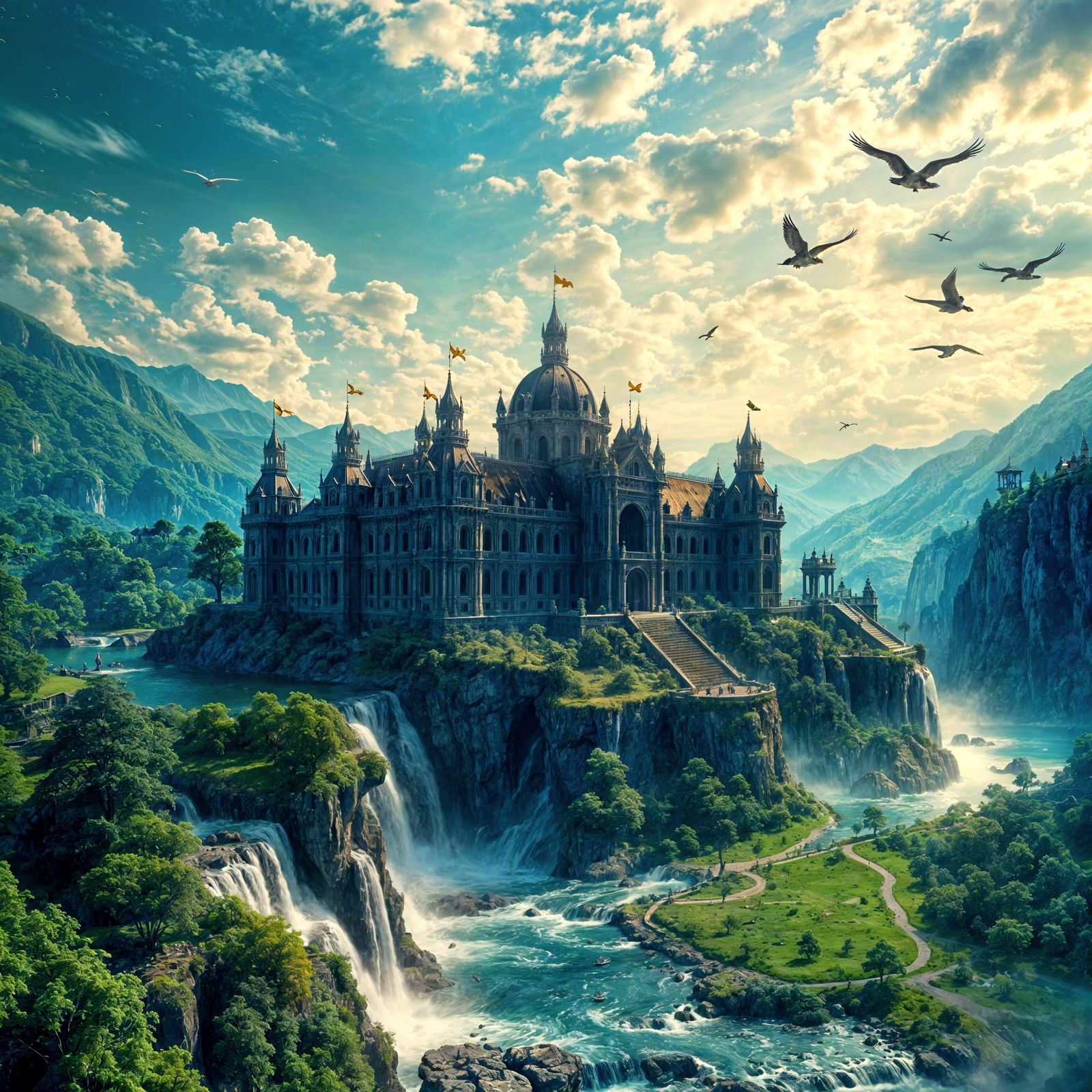 Epic Palace in Landscape with River and Falls