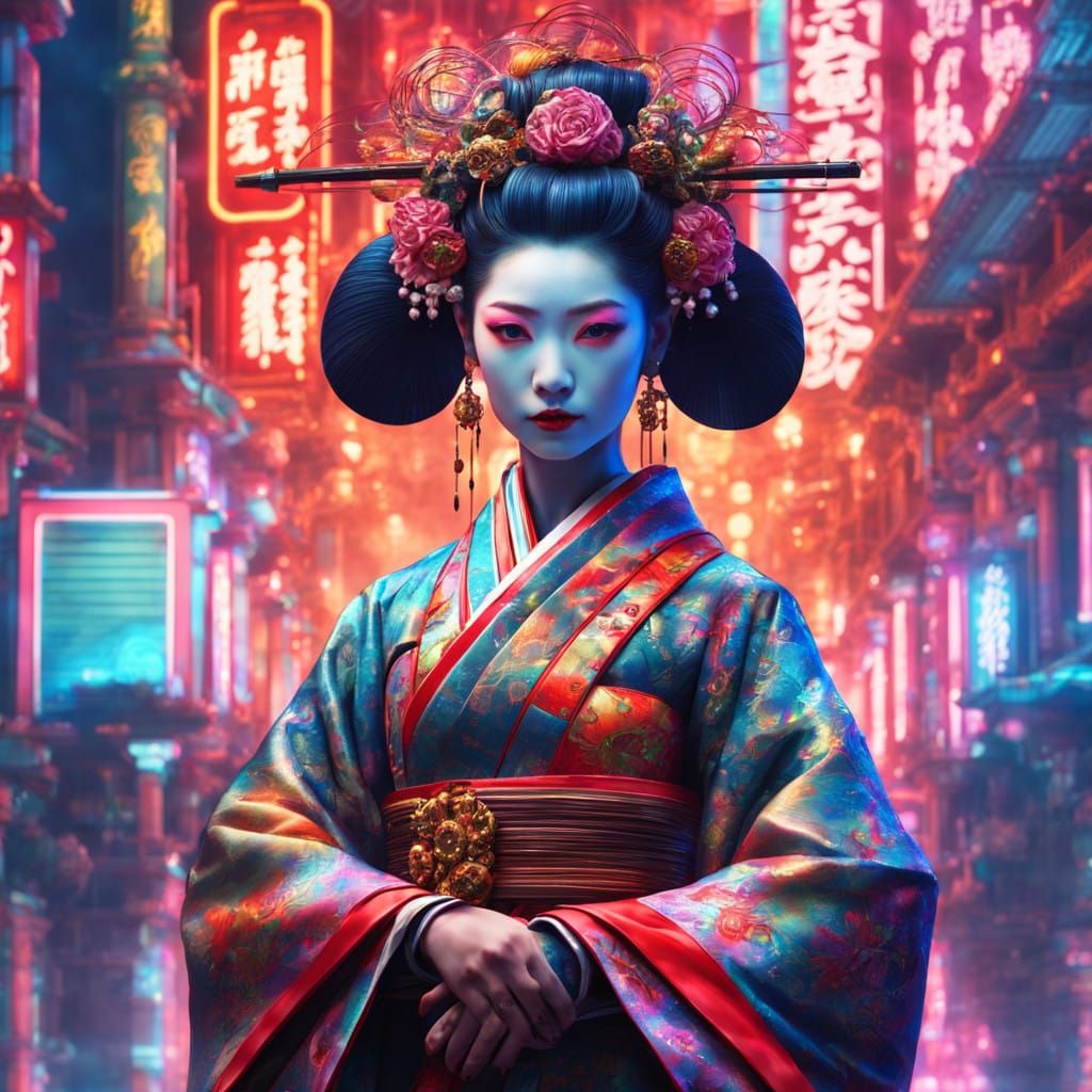Cyberpunk Geisha Dancing in Neon Japan