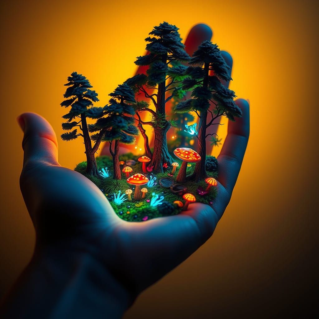 Whimsical Miniature Forest Within an Enchanted Hand