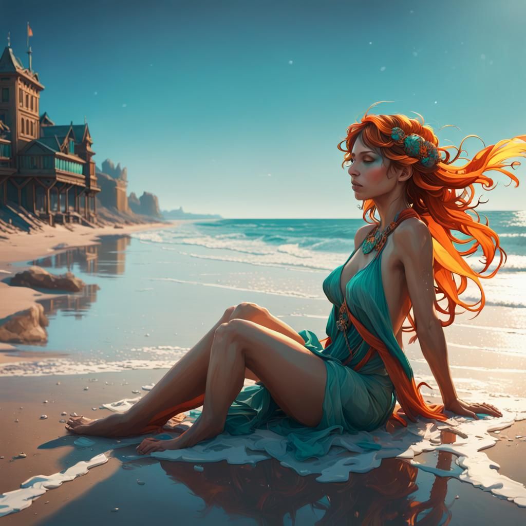 Curvaceous Woman Gazing at Sea: Hyperdetailed Concept Art