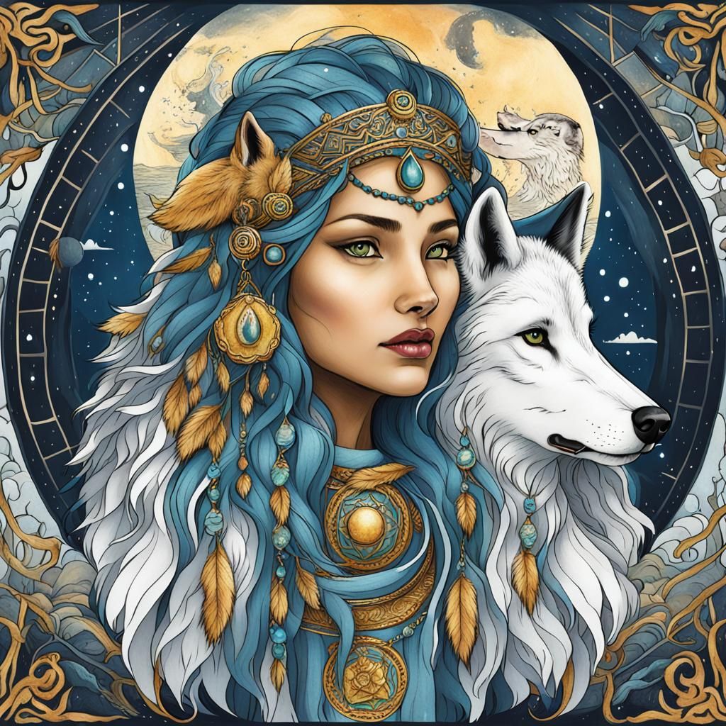 Ethereal Wolf Goddess Digital Painting